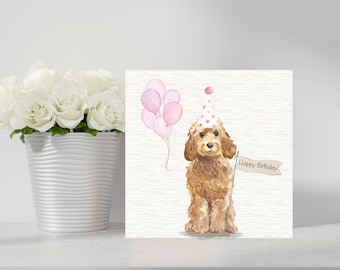 Cockapoo Greetings Card. Hand Made Card with Cute Cockapoo with Birthday Hat and Balloons. Can be personalised.