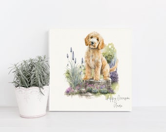 Cockapoo Greetings Card. Hand Made Card with cute golden Cockapoo in pretty garden. Can be personalised with name and occasion
