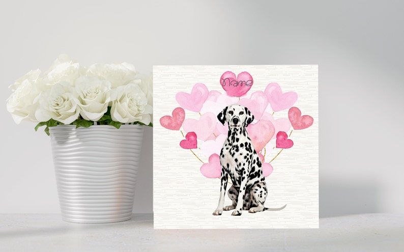 Dalmatian Hand Made Mothers Day / Birthday Card. Cute Dalmatian with heart balloons. Can be personalised with name, occasion, age image 1