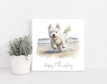 West Highland Terrier Hand Made Greetings/Birthday Card with adorable Westie in Beachscape. Can be personalised with name and or occasion