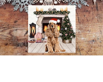 May include: A brown and white cocker spaniel dog wearing a red Santa hat sits in front of a fireplace with a Christmas tree and presents. The fireplace has a stocking hanging from the mantle and a lit fire inside.
