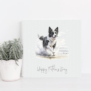 Border Collie Hand Made Greetings/Birthday Card with adorable Border Collie paddling on beach. Can be personalised with name and or occasion