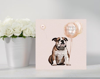 Bulldog Greetings Card. Hand Made Card with Cute Bulldog and Balloons. Can be personalised with name, age, occasion