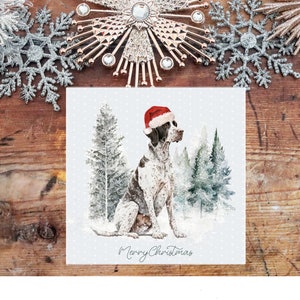May include: Christmas card with a watercolour illustration of a Pointer dog wearing a Santa hat, set against a snowy forest. The words "Merry Christmas" are written below. Decorative snowflakes are on a wooden background.