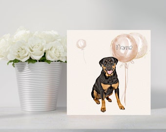 Rottweiler Greetings/Birthday Card. Adorable Rottweiler with Balloons. Can be personalised with name/occasion/age