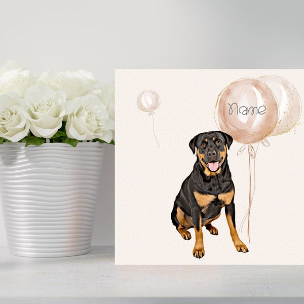 Rottweiler Greetings/Birthday Card. Adorable Rottweiler with Balloons. Can be personalised with name/occasion/age