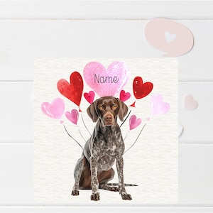 May include: A brown and white German Shorthaired Pointer dog sits in front of a white background with pink and red heart-shaped balloons. The text "Name" is written on one of the balloons.