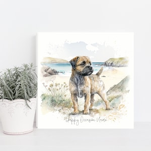 Border Terrier Hand Made Greetings/Birthday Card. Cute Border in beach scene. Can be personalised with name and or occasion