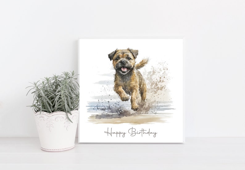 Border Terrier Hand Made Greetings/Birthday Card with adorable Border Terrier in Beach scape. Can be personalised with name and or occasion image 1