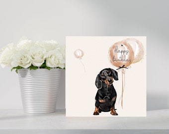 Dachshund with Balloons Birthday Card. Hand Made Card with various Dachshunds, can be personalised with name / occasion