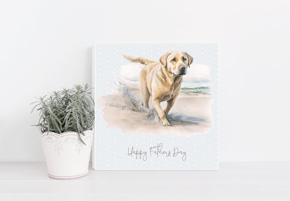 Golden Labrador Hand Made Greetings/Birthday Card with adorable Labrador paddling on beach. Can be personalised with name and or occasion