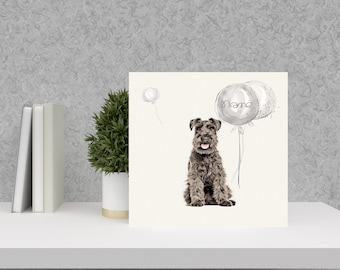 Schnauzer Hand Made Birthday Card. Cute Schnauzer with balloons can be personalised with name, occasion, age