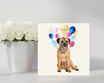 Border Terrier Hand Made Birthday Card. Cute Border Terrier with Multicolour balloons. Can be personalised with name, occasion, age