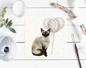 Siamese Cat Hand Made Greetings / Birthday Card - Beautiful Siamese Cat with Balloons - can be personalised with name/occasion in balloon