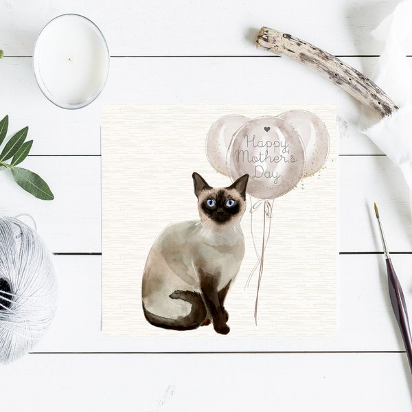 Siamese Cat Hand Made Greetings / Birthday Card - Beautiful Siamese Cat with Balloons - can be personalised with name/occasion in balloon