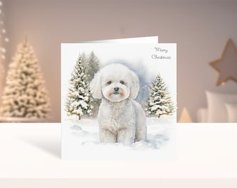 Bichon Frise Christmas Card. Cute Bichon Frise in snowy festive scene . Hand Made Card, can be personalised with name