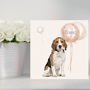 Beagle Greetings/Birthday Card. Adorable Beagle with Balloons. Can be personalised with name/occasion/age