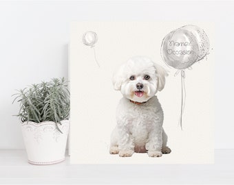 Bichon Frise Hand Made Birthday Card. Cute Fluffy Bichon Frise with balloons can be personalised with name, occasion, age