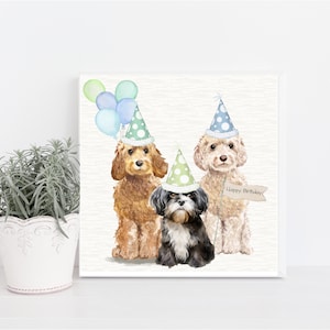 Cockapoo Greetings Card. Hand Made Card with Cute Cockapoos and ShihTzu with Birthday Hats. Can be personalised.