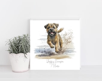 Border Terrier Hand Made Greetings/Birthday Card with adorable Border Terrier in Beach scape. Can be personalised with name and or occasion