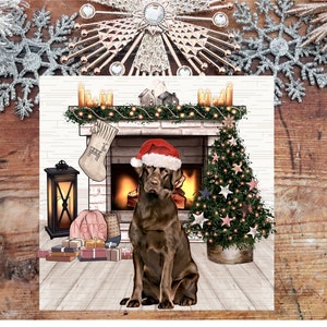Chocolate Labrador Christmas Card. Cute Labrador festive fireplace scene . Hand Made Card, can be personalised with name