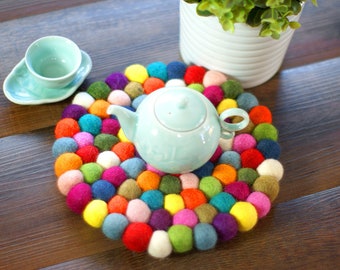 Large felt ball trivet - 8" festive colors coaster / hot pad / teapot pad / 100% wool