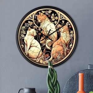 3 Elegant Cats Silent Wall Clock - Wall Decor - For Cat Lover - Bedroom Clock - Hanging Clock - Unique Clock - Art Clock - Alphonse Mucha