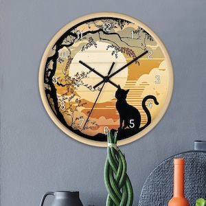 Sunset Cat Silent Wall clock - Japanese ukiyo-e painting style - Wall Decor - For Cat Lover - Bedroom Clock - Hanging Clock - Unique Clock