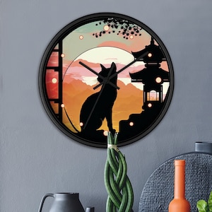 Sunset Cat Silent Wall clock - Japanese ukiyo-e painting style - Wall Decor - For Cat Lover - Bedroom Clock - Hanging Clock - Unique Clock