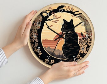 Lookout Cat Silent Wall clock - Japanese ukiyo-e painting style - Wall Decor - For Cat Lover - Bedroom Clock - Hanging Clock - Unique Clock