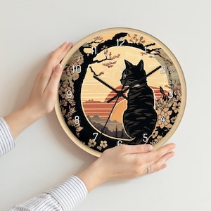 Lookout Cat Silent Wall clock - Japanese ukiyo-e painting style - Wall Decor - For Cat Lover - Bedroom Clock - Hanging Clock - Unique Clock