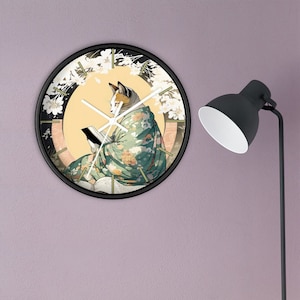 Reading Cat Silent Wall clock - Japanese painting style Art - Wall Decor - For Cat Lover - Bedroom Clock - Hanging Clock - Unique Clock
