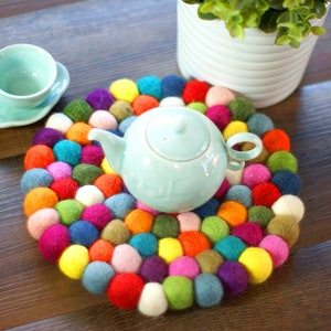 Large felt ball trivet - 8" festive colors coaster / hot pad / teapot pad / 100% wool