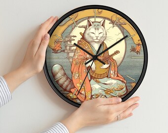 Kimono Cat Silent Wall clock - Japanese ukiyo-e style - Wall Decor - For Cat Lover - Bedroom Clock - Hanging Clock - Unique Clock