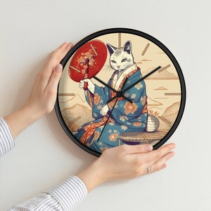 Kimono Cat Silent Wall clock - Japanese ukiyo-e painting style - Wall Decor - For Cat Lover - Bedroom Clock - Hanging Clock - Unique Clock