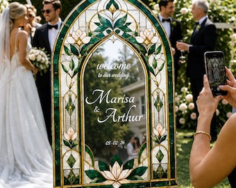 Emerald Green Wedding Welcome Sign,  Floral Stained Glass Wedding Sign, Welcome To Our Wedding Sign, Printed Wedding Signs