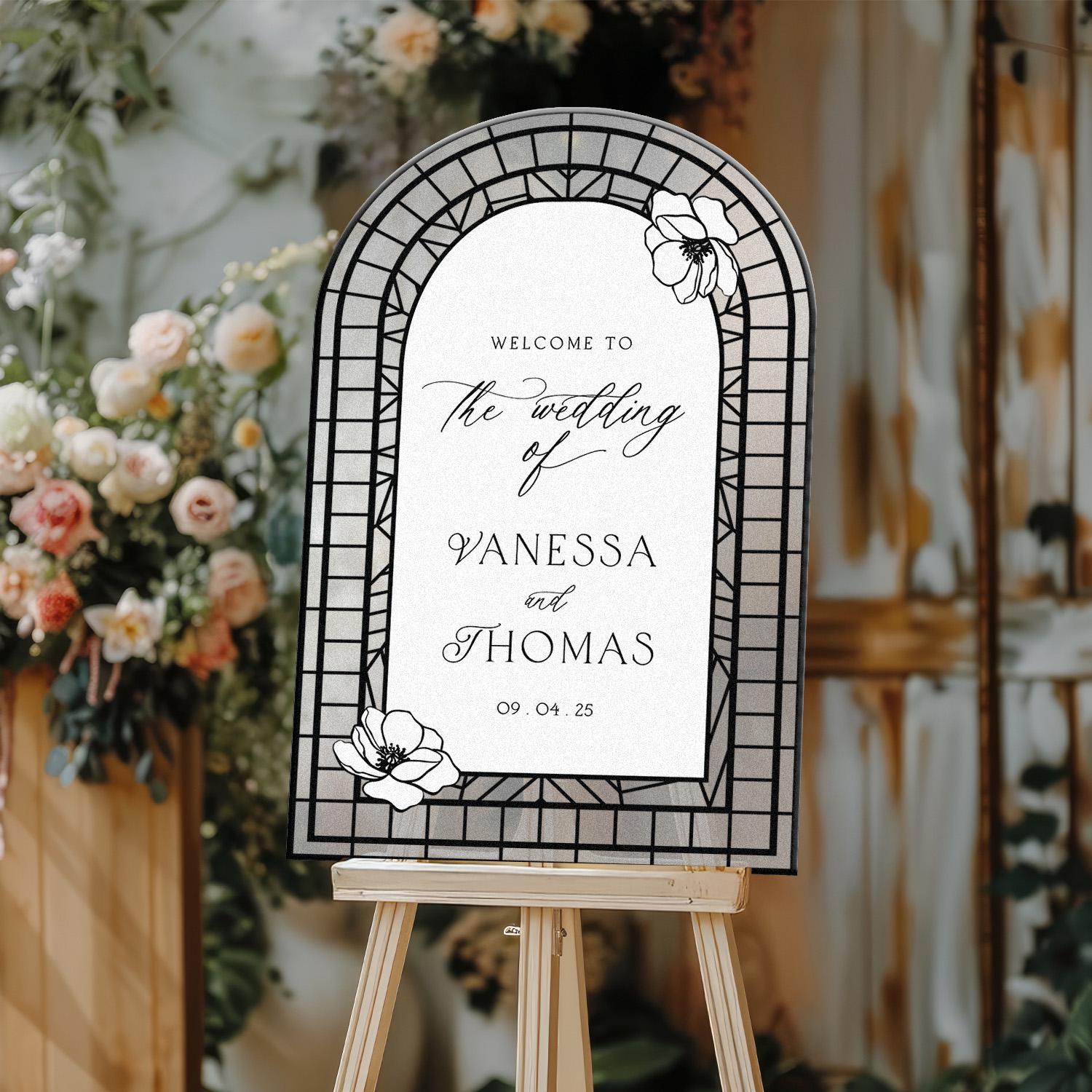 Wedding Sign, Stained Glass Wedding Welcome Sign, Printed Acrylic Mirror Wedding Sign, Floral Wedding Decorations