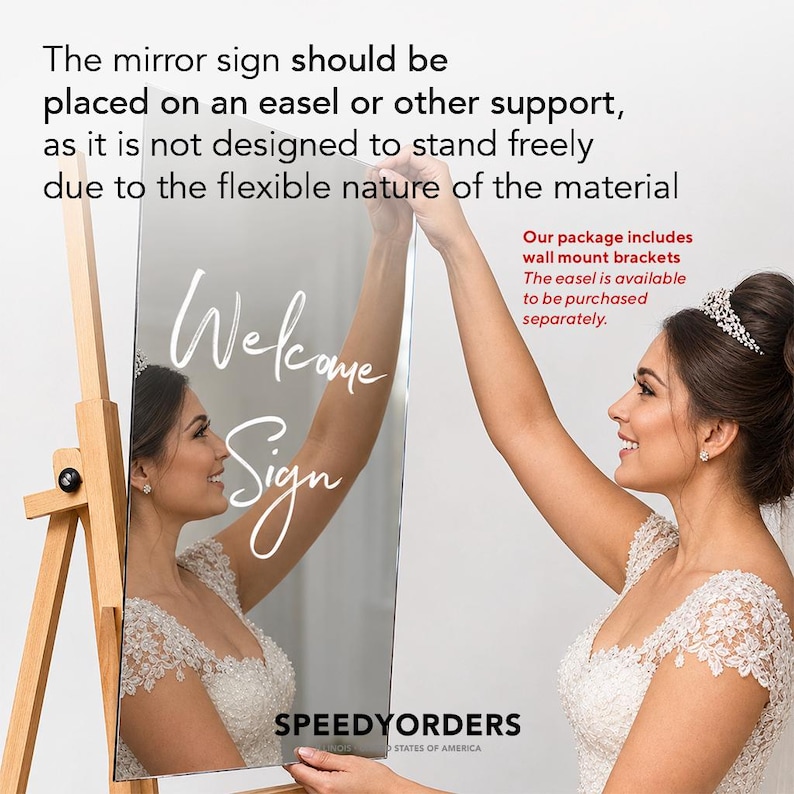 Op de afbeelding: Een rechthoekig spiegelbord met witte scripttekst Welcome Sign en de merknaam SPEEDYORDERS onderaan. De tekst op de afbeelding vermeldt dat de spiegel op een ezel moet worden geplaatst en inclusief muurbevestigingsbeugels wordt geleverd.