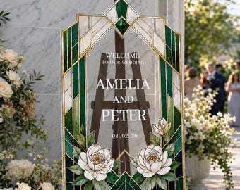 Emerald Green Wedding Welcome Sign, Cream Roses Stained Glass Wedding Sign, Printed Floral Acrylic Wedding Entrance Sign