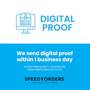 May include: A blue and white graphic featuring a computer monitor icon with a package on the screen, accompanied by the text DIGITAL PROOF. Below, the text states: We send digital proof within 1 business day. The brand name SPEEDYORDERS is at the bottom.