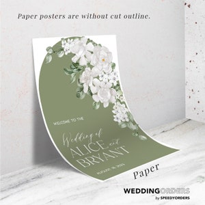 May include: A rectangular paper poster with an arched olive green background featuring white floral illustrations. The text reads: WELCOME TO THE Wedding of ALICE AND BRYANT AUGUST 18, 2023. The poster is displayed against a wall and surface.