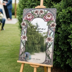 Stained Glass Wedding Sign, Pink Floral Mirror Wedding Welcome Sign, Printed Mirrored Or Acrylic Wedding Entrance Sign Silver Mirror