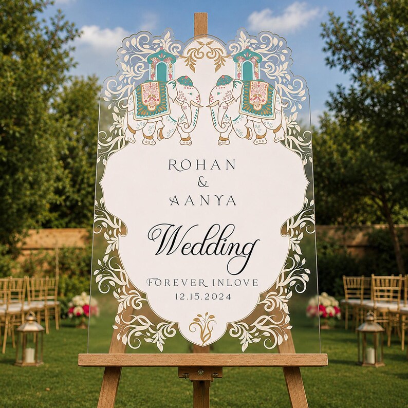 May include: A clear acrylic wedding sign on a wooden easel featuring two illustrated elephants in white, teal, and gold. The text reads Rohan & Aanya, Wedding, FOREVER INLOVE, and 12.15.2024, surrounded by intricate white and gold filigree patterns.