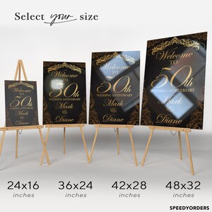May include: Four black and gold wedding anniversary signs on wooden easels, each displaying the text Welcome to 50th Wedding Anniversary Mark and Diane. The signs are labeled with sizes 24x16, 36x24, 42x28, and 48x32 inches, featuring ornate gold borders.