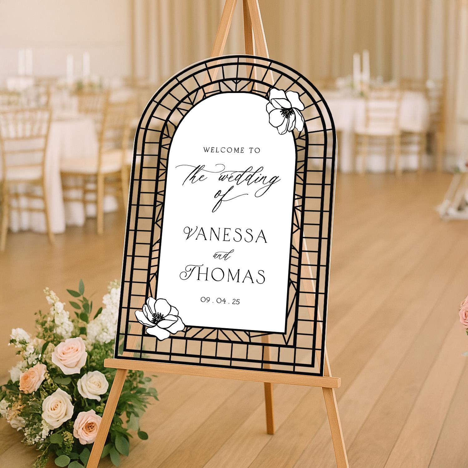 Wedding Sign, Stained Glass Wedding Welcome Sign, Printed Acrylic Mirror Wedding Sign, Floral Wedding Decorations