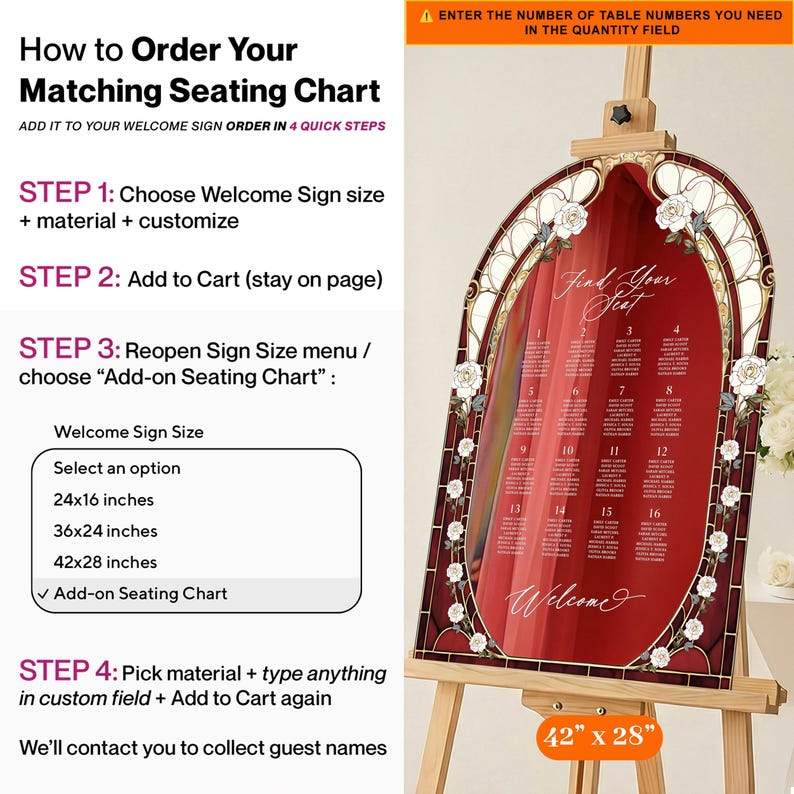 May include: A wedding seating chart displayed on an easel. The chart is a stained-glass design with a red background, white roses, and the words "Find Your Seat" and "Welcome." The chart measures 42 x 28 inches.