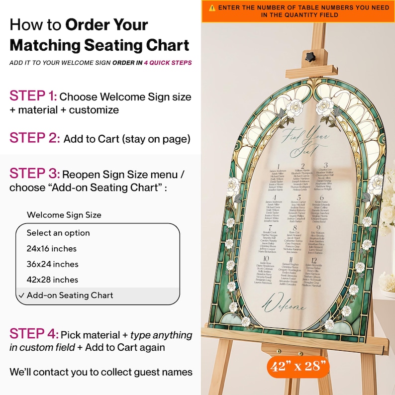 May include: An arched wedding seating chart sign featuring a stained glass-style border in shades of green and cream with white rose illustrations. The sign displays the text Find Your Seat and Welcome, with twelve numbered tables listed.