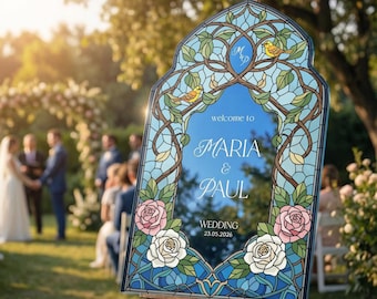 Stained Glass Wedding Sign, Roses Mirror Wedding Welcome Sign,  Wedding Entrance Sign, Printed Wedding Signs in Mirror Or Acrylic