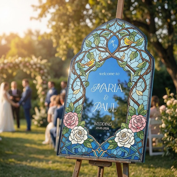 Stained Glass Wedding Sign, Roses Mirror Wedding Welcome Sign,  Wedding Entrance Sign, Printed Wedding Signs in Mirror Or Acrylic