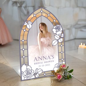 Photo Bridal Shower Sign, Picture Bridal Shower Welcome Sign, Frosted Acrylic Mirror White Floral Bridal Shower Decorations